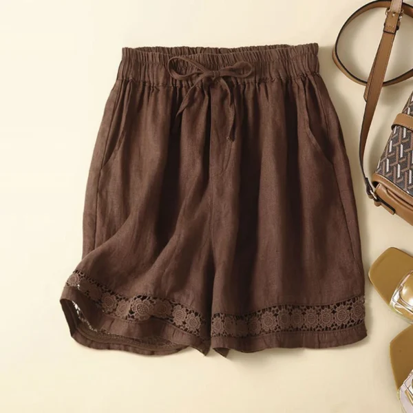 Women’s Vintage Hollow Lace High Waist Loose Cotton Linen Shorts - Image 3