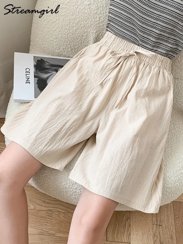 Women’s Knee Length Cotton Linen Elastic Waist Loose Bermuda Shorts