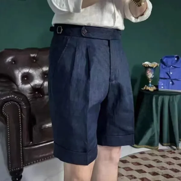 British Style Linen Knee Length Casual Loose Buckle Shorts For Men - Image 2