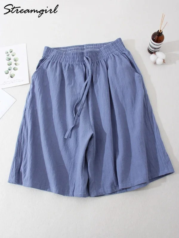 Women’s Knee Length Cotton Linen Elastic Waist Loose Bermuda Shorts - Image 2