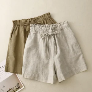Linen Solid Color High-Waisted Shorts Female Loose Wide Leg Summer Shorts