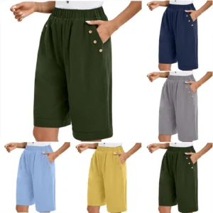 Casual Cotton Linen Women's Mid-Calf Pants Elastic Waist Loose Summer Shorts