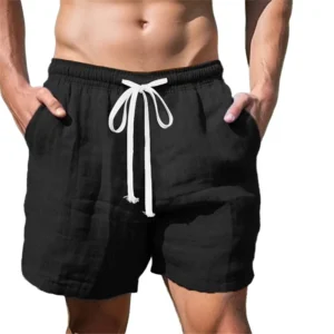 Mens Linen Beach Shorts Elastic Waist Drawstring Swim Trunks