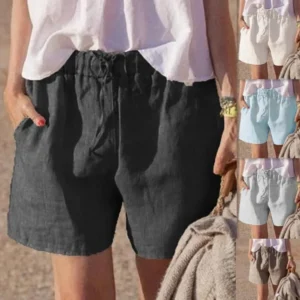 Casual Cotton Linen Loose Women’s Shorts Elastic Waist Belted Summer Pants