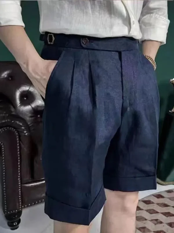 British Style Linen Knee Length Casual Loose Buckle Shorts For Men - Image 4