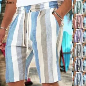 Striped Cotton Linen Shorts Men Casual Summer Beach Yoga Wear