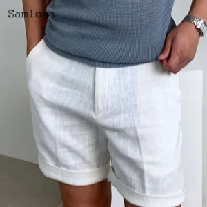 Mens Vintage Boho Cotton Linen Shorts – Casual Drawstring Beach Summer Shorts