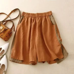 Orange Linen High Waist Women's Shorts Loose Wide Leg Summer