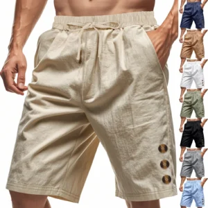 Summer Men's Loose Linen Beach Shorts Casual Button Gym Sports Wear