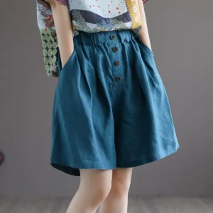 Women’s Cotton Bermuda Shorts Elastic Waist Pocket Knee-Length Trendy