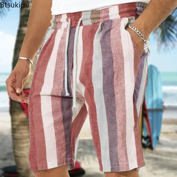 Striped Cotton Linen Shorts Men Casual Summer Beach Yoga Wear - Image 6
