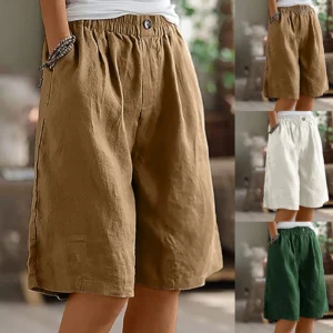 Summer Cotton Linen Shorts Women – High Waist Elastic Knee Length Shorts