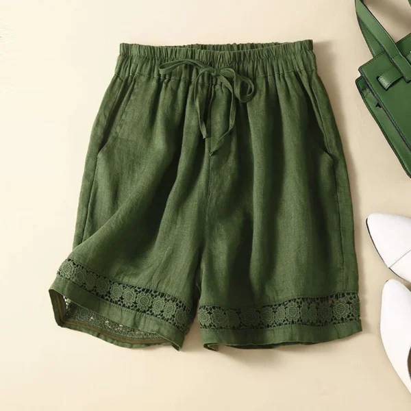 Women’s Vintage Hollow Lace High Waist Loose Cotton Linen Shorts - Image 4