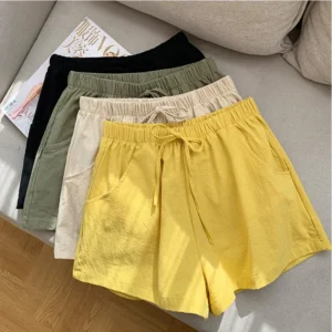 Casual Linen Shorts Women Gym Workout High Waisted Sport Shorts Black