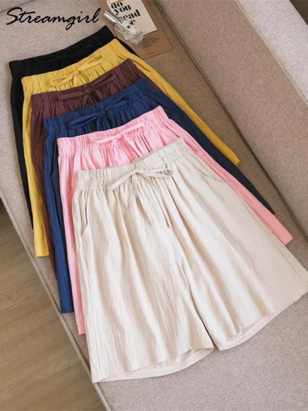 Women’s Knee Length Cotton Linen Elastic Waist Loose Bermuda Shorts - Image 6