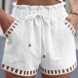 Cotton Linen Shorts Women – Hollow Out Beachwear Summer Waist Shorts