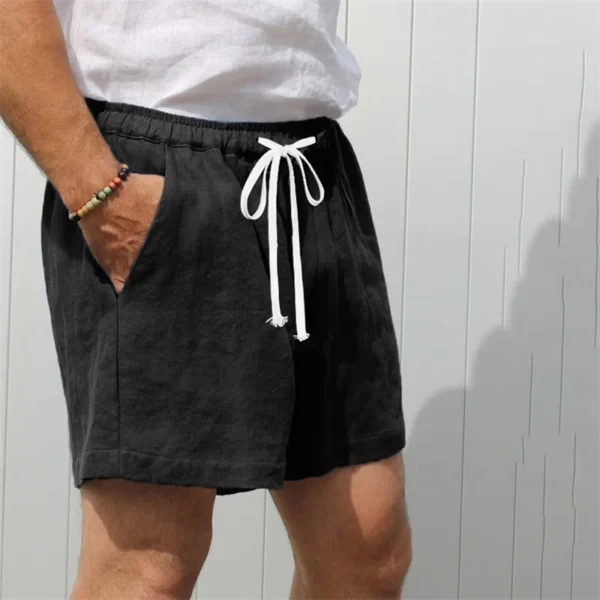 Mens Linen Beach Shorts Elastic Waist Drawstring Swim Trunks - Image 3