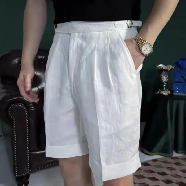 British Style Linen Knee Length Casual Loose Buckle Shorts For Men - Image 3