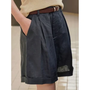Summer Korea Style Lazy Linen Curled Shorts Wide Leg Loose Women Hot Pants