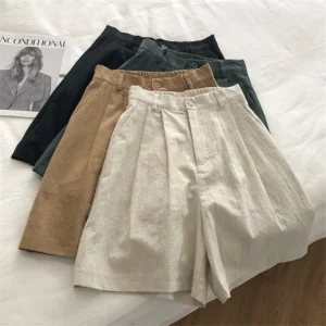 Japanese Retro High Waist Wide Leg Bermuda Shorts Casual Linen Summer Shorts