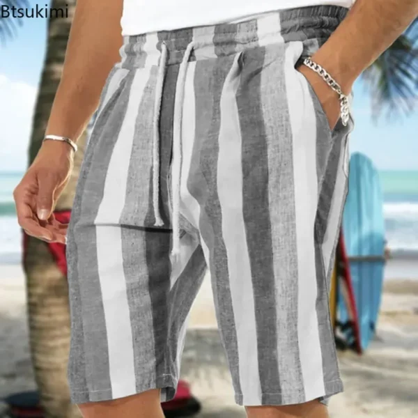 Striped Cotton Linen Shorts Men Casual Summer Beach Yoga Wear - Image 5