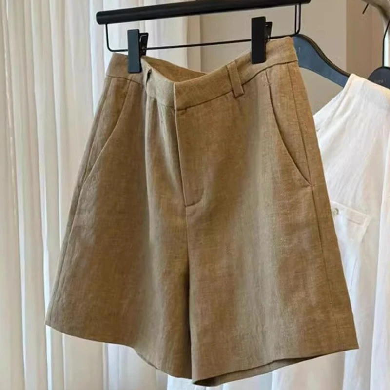 Summer Vintage Cotton and Linen Women Wide Leg High Waist Casual Shorts - Image 3