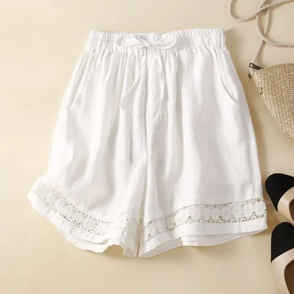 Women’s Vintage Hollow Lace High Waist Loose Cotton Linen Shorts - Image 5