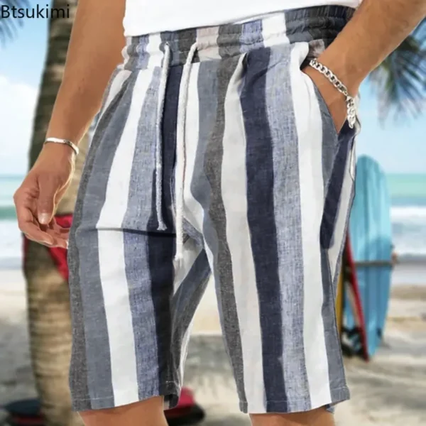 Striped Cotton Linen Shorts Men Casual Summer Beach Yoga Wear - Image 3