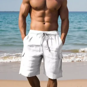 Summer Men’s Cotton Linen Beach Shorts Casual Loose Drawstring Pants
