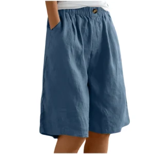 Plus Size Cotton Linen Bermuda Shorts With Pockets For Women