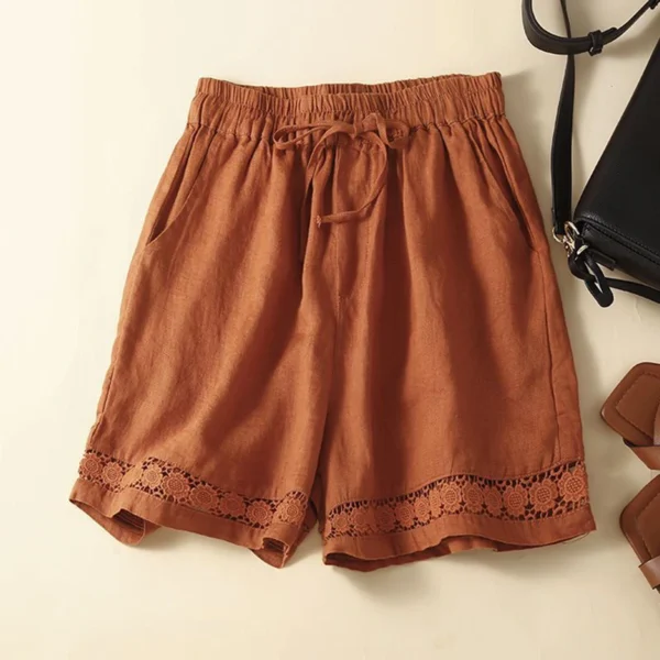 Women’s Vintage Hollow Lace High Waist Loose Cotton Linen Shorts - Image 6