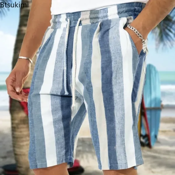 Striped Cotton Linen Shorts Men Casual Summer Beach Yoga Wear - Image 2