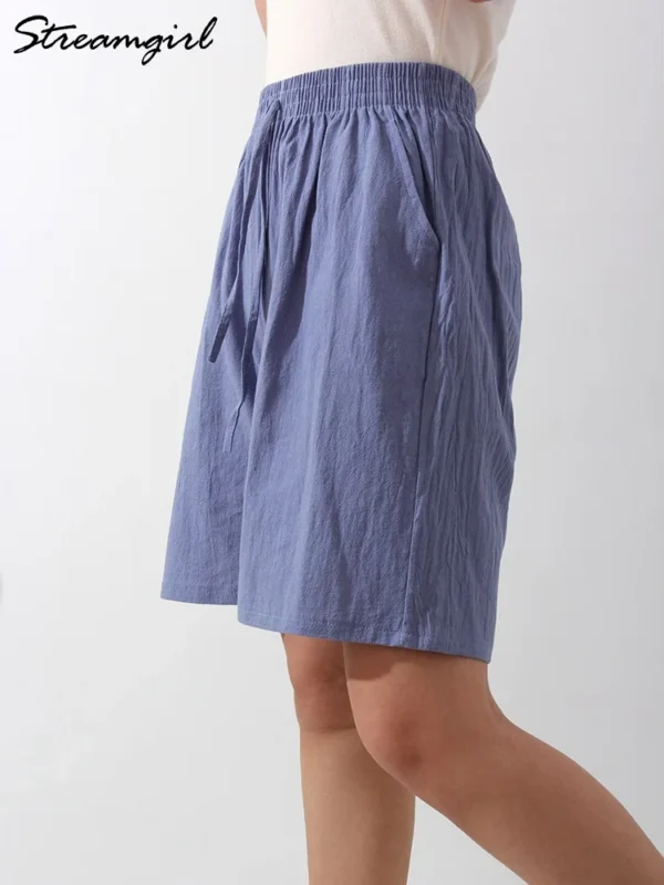 Women’s Knee Length Cotton Linen Elastic Waist Loose Bermuda Shorts - Image 3