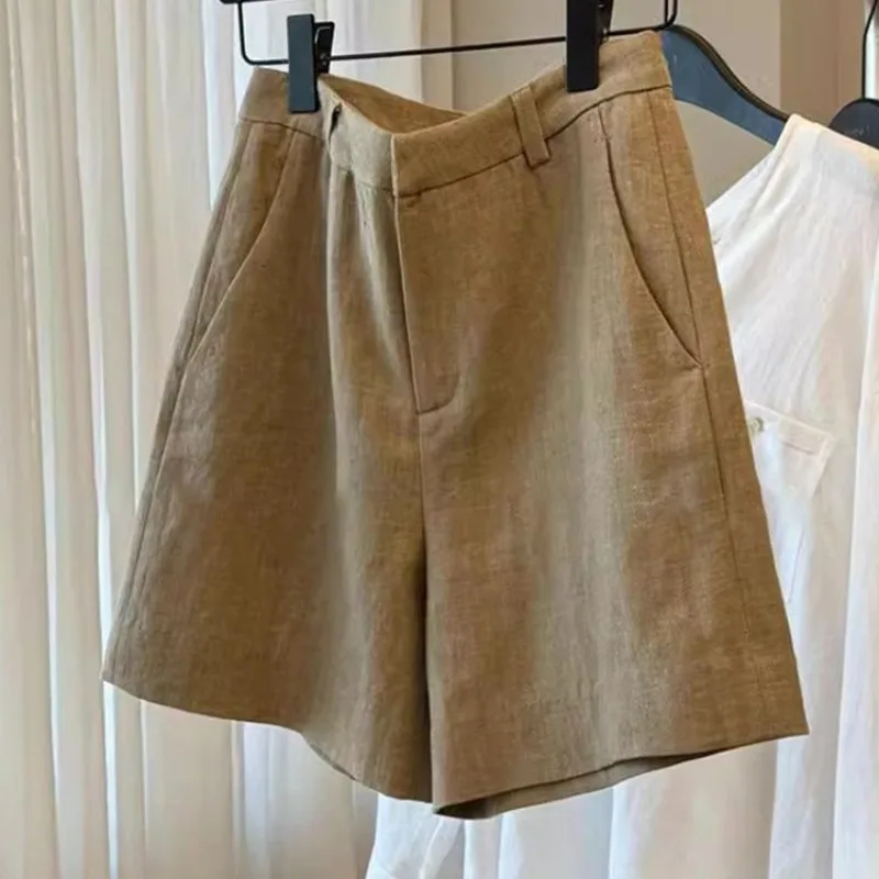 Summer Vintage Cotton and Linen Women Wide Leg High Waist Casual Shorts