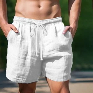 Mens Linen Beach Shorts – Casual Drawstring Swim Trunks with Pockets
