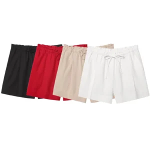 High Waist Linen Blend Drawstring Shorts Women Ruffle Casual Loose Summer Shorts