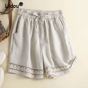 Women’s Vintage Hollow Lace High Waist Loose Cotton Linen Shorts
